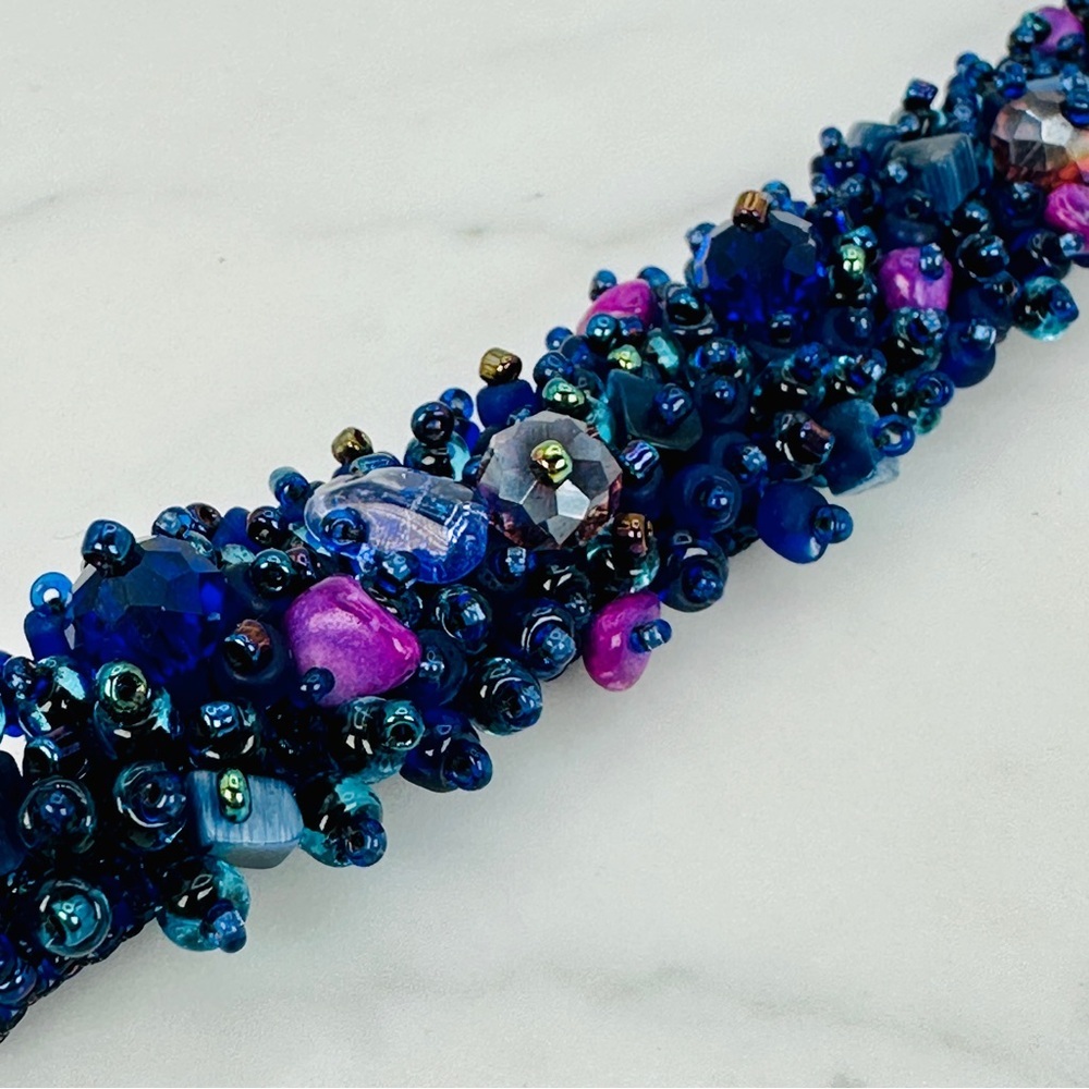 Purple and Blue Handmade Glass Bead Bracelet With Natural Stones Bead Stew 7” - Picture 8 of 9